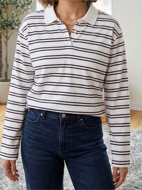 Babaton Striped Polo Shirt in White, Black & Light Pink
